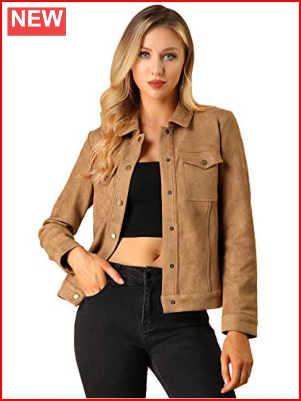 Faux Suede Shacket Snap Front Long Sleeve Flap Pockets Loose Fit Women Jacket